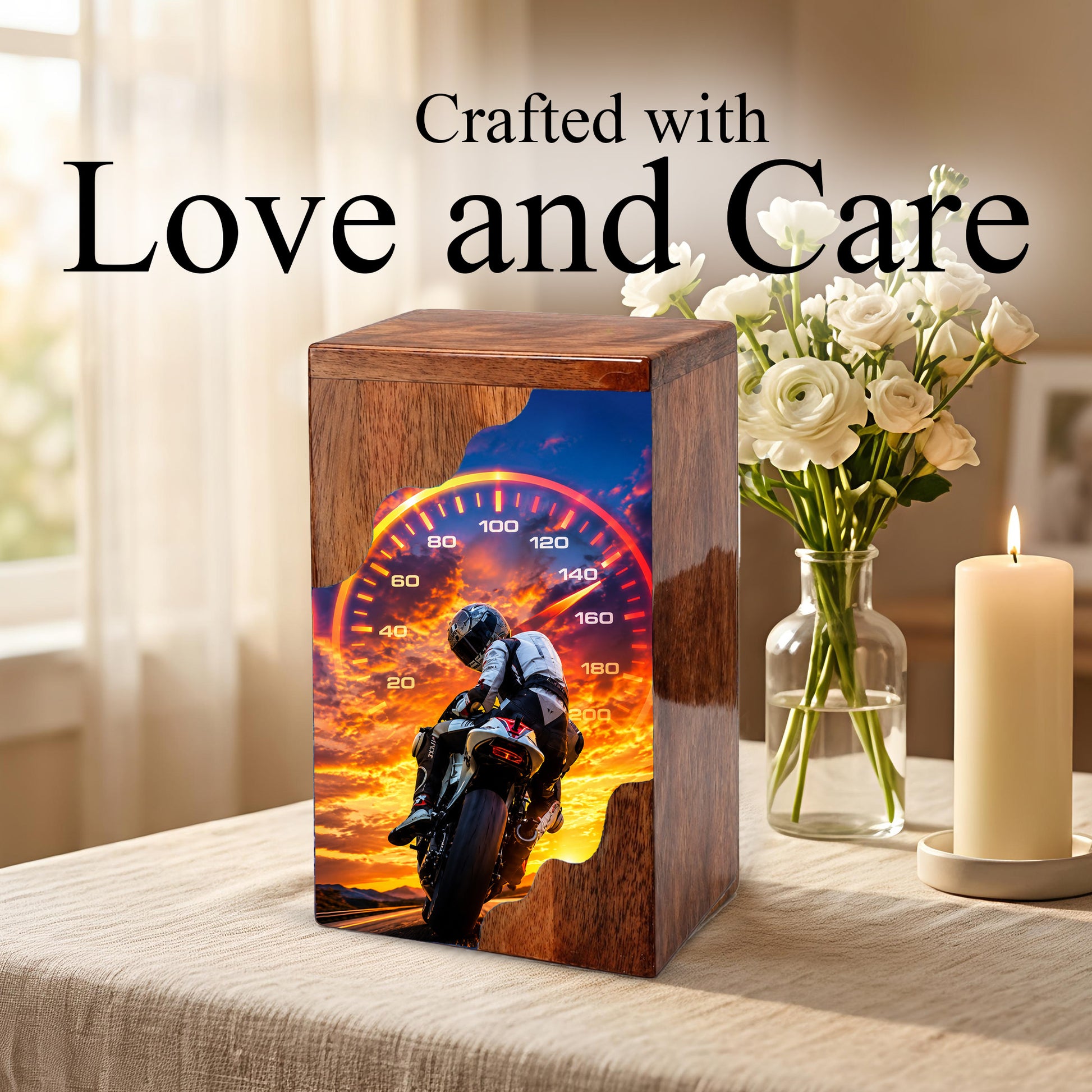 Motorcycle Wooden Cremation Urn – Rider Memorial Urn for Human Ashes