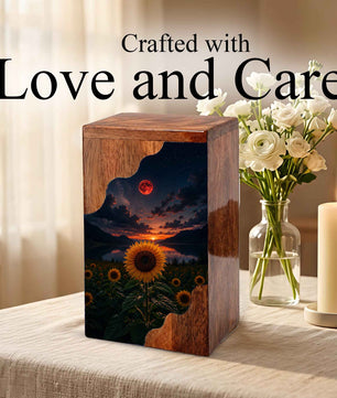 Sunflower Wooden Cremation Urn for Mom | Personalized Wooden Urn for Human Ashes | Red Moon Memorial Urn