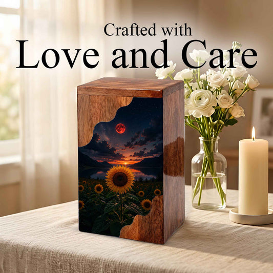 Sunflower Wooden Cremation Urn for Mom | Personalized Wooden Urn for Human Ashes | Red Moon Memorial Urn