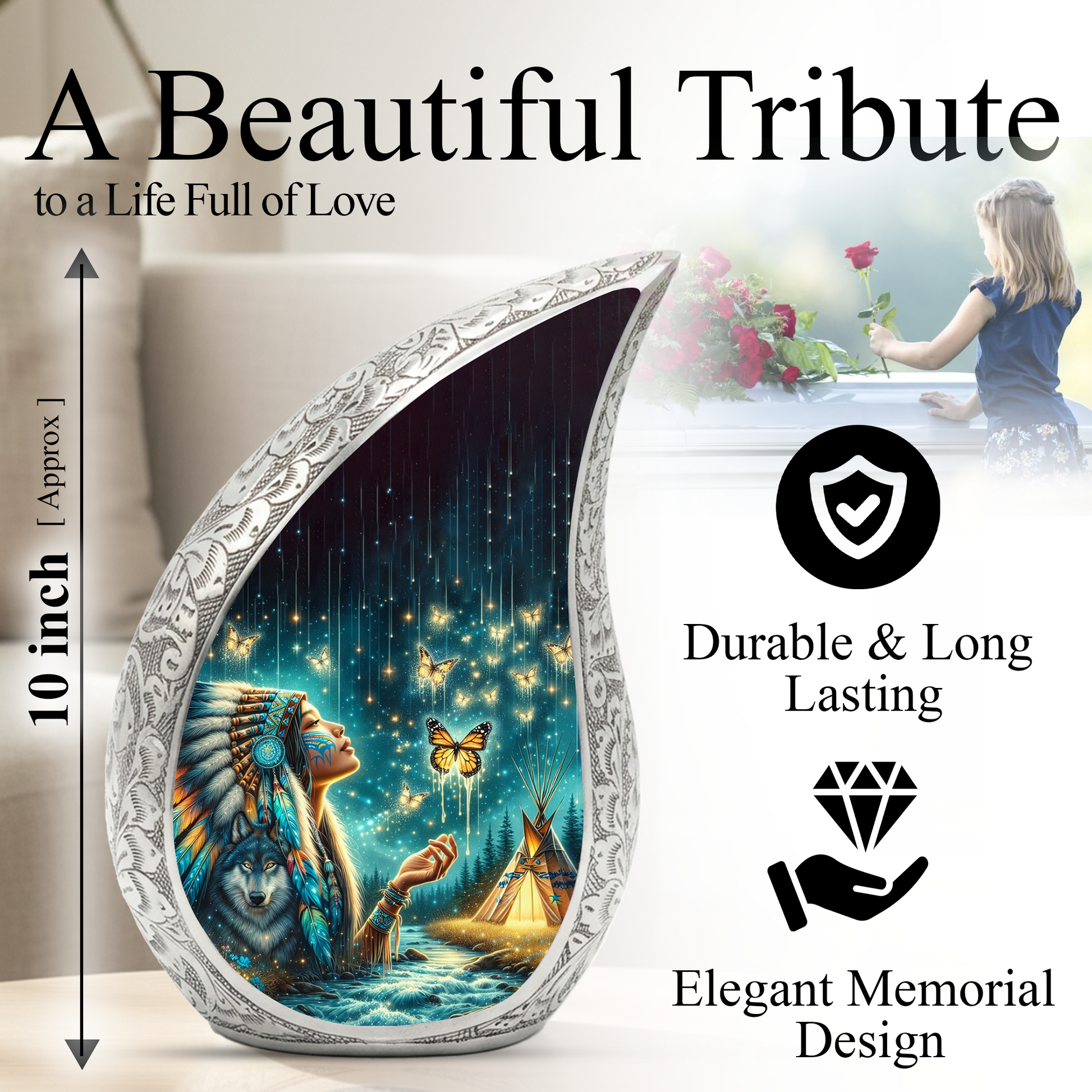 Native American Woman Butterfly Urn for Mom – Personalized Butterfly Cremation Urn for Human Ashes