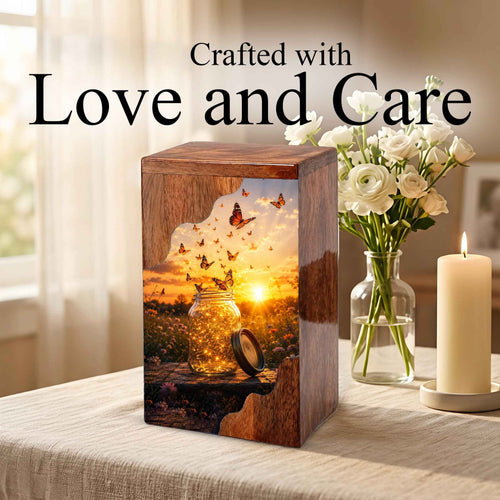 Butterfly Wooden Cremation Urn – Sunset Memorial Urn for Human Ashes