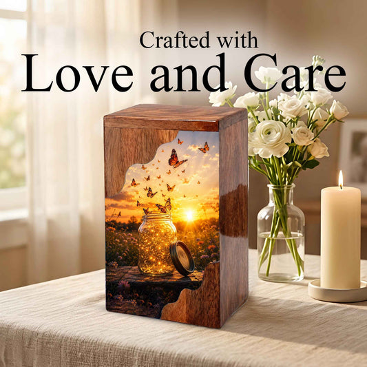Butterfly Wooden Cremation Urn – Sunset Memorial Urn for Human Ashes