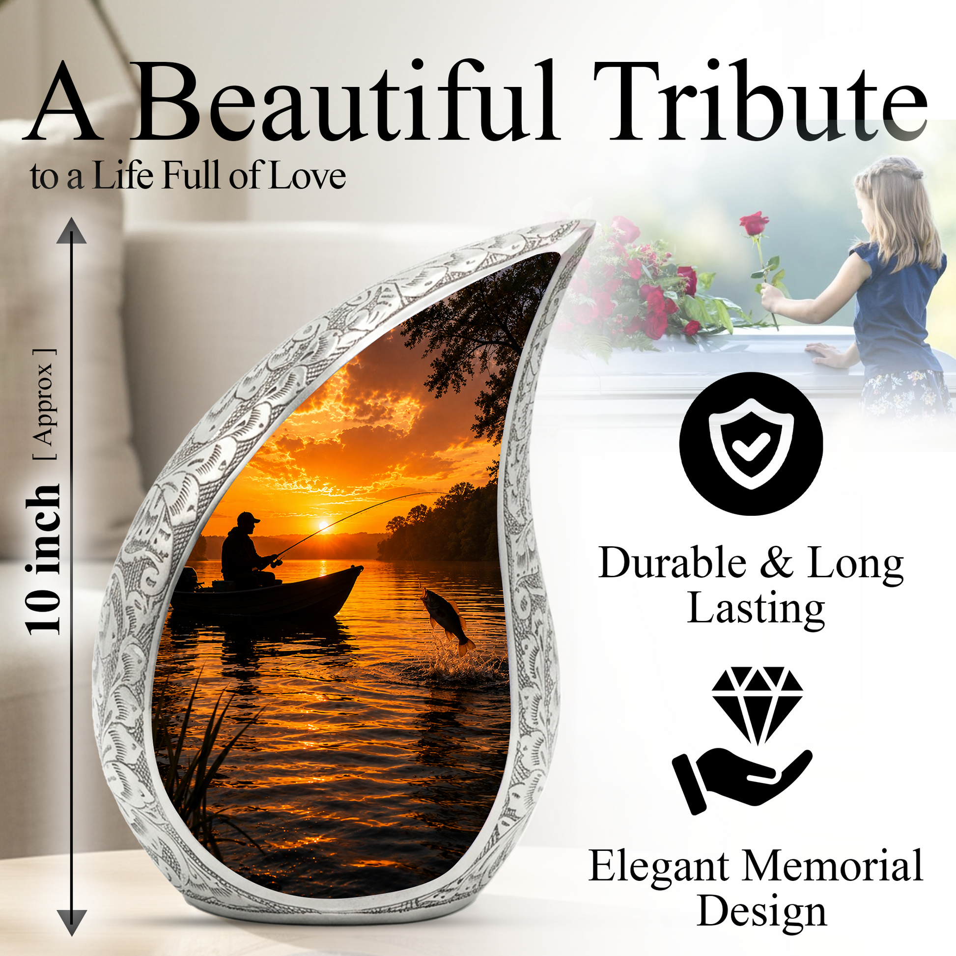Fishing Sunset Urn for Dad – Gone Fishing Cremation Urn for Human Ashes, Adult Male Memorial