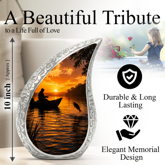 Fishing Sunset Urn for Dad – Gone Fishing Cremation Urn for Human Ashes, Adult Male Memorial