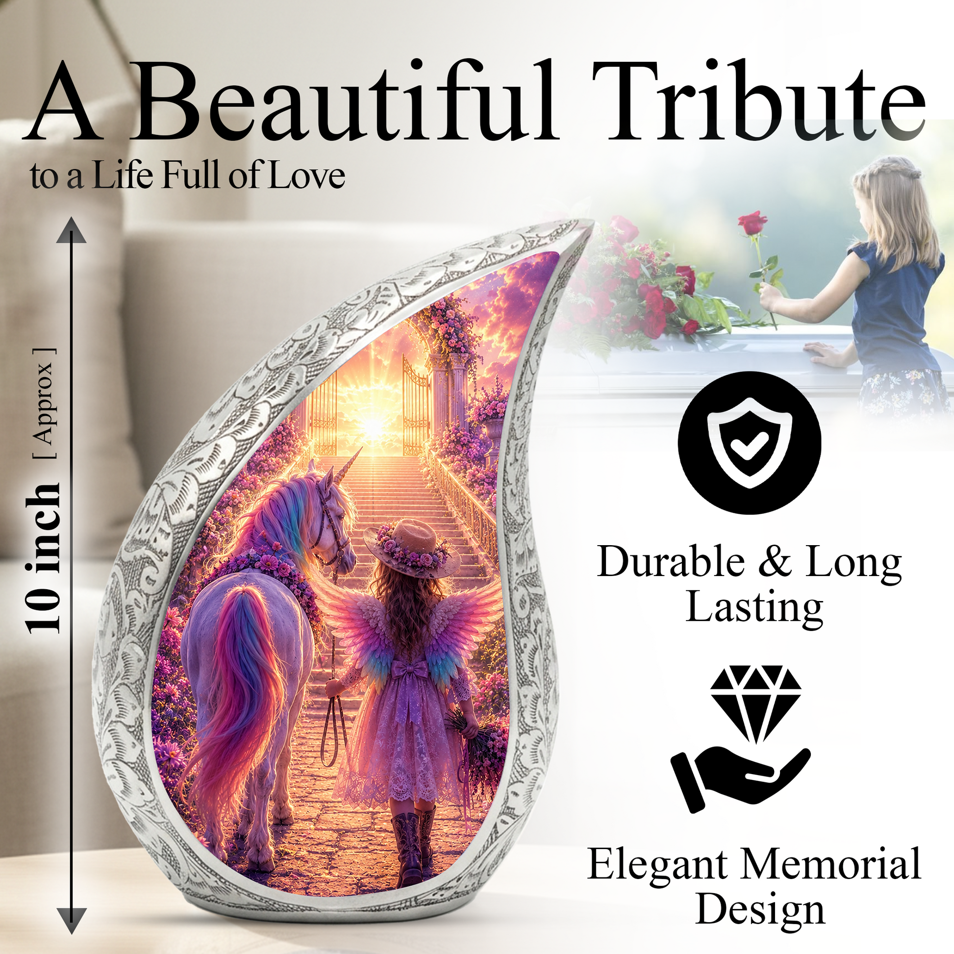 Unicorn Angel Girl Heaven Urn for Human Ashes – Beautiful Cremation Memorial Urn for Mom