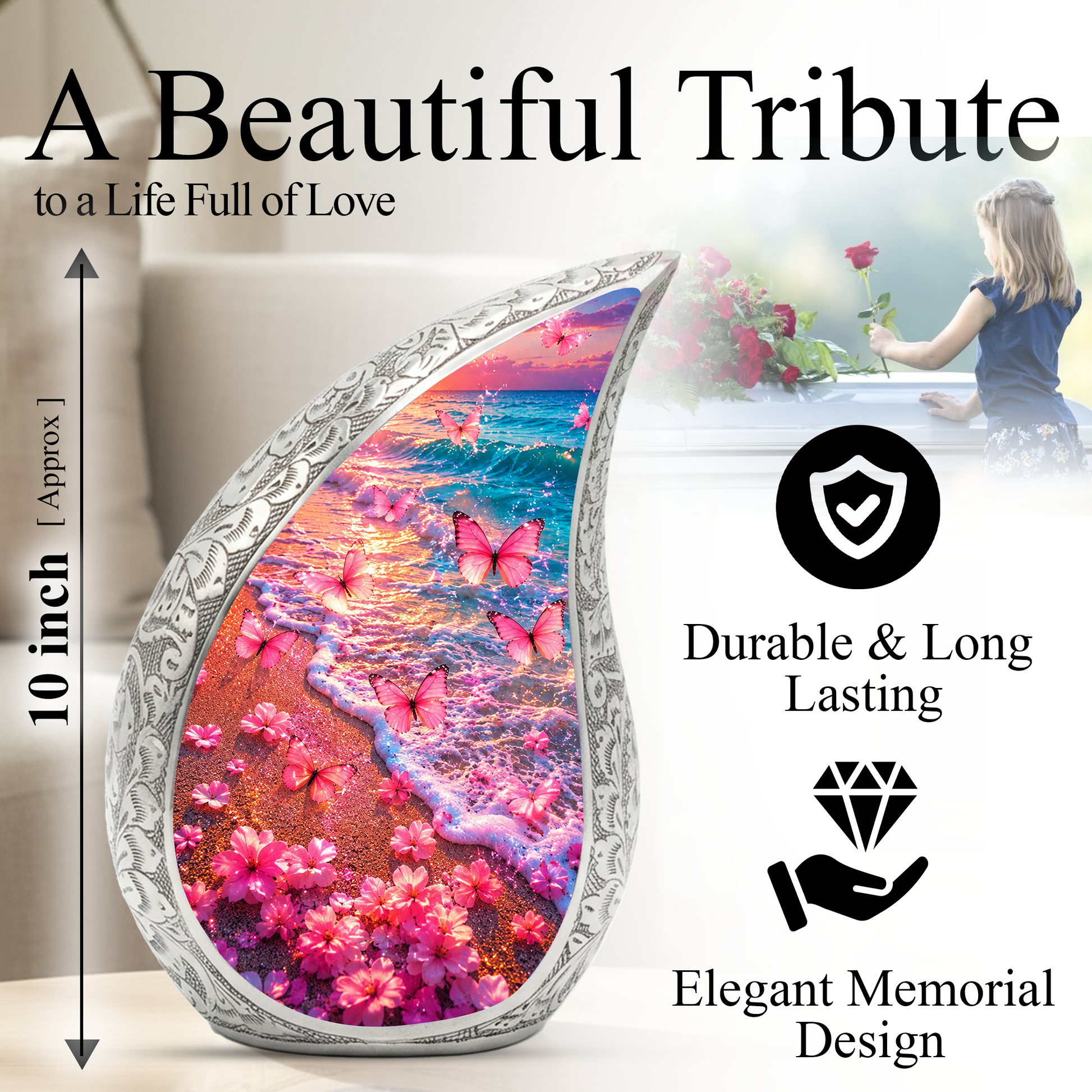 Pink Butterfly Beach Ocean Urn for Human Ashes | Butterfly Cremation Urn for Mom,