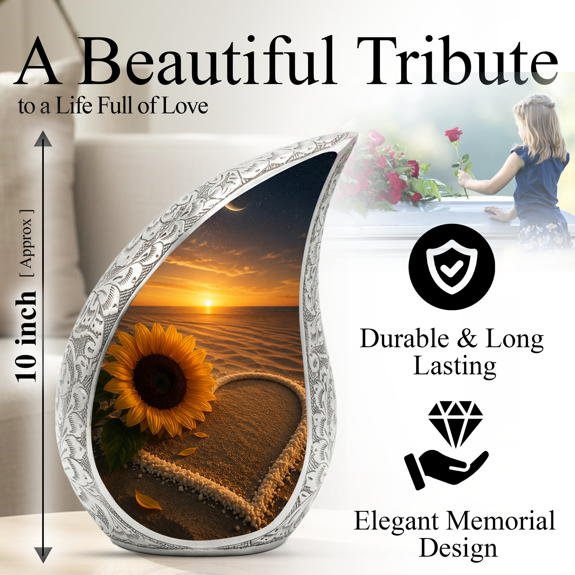 Beach Sunflower Urn for Human Ashes | Adult Cremation Urn with Sunflower & Coastal Design