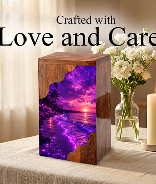 Beach Wooden Cremation Urn – Ocean Sunset Memorial Urn for Human Ashes