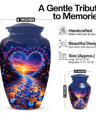 Blue Butterfly Cremation Urn for Ashes - Heart Beach Sunset Keepsake Urns
