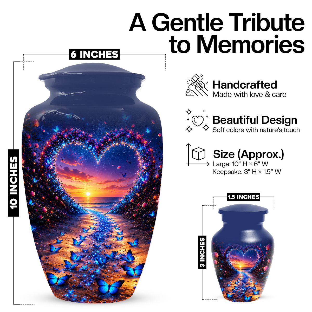 Blue Butterfly Cremation Urn for Ashes - Heart Beach Sunset Keepsake Urns