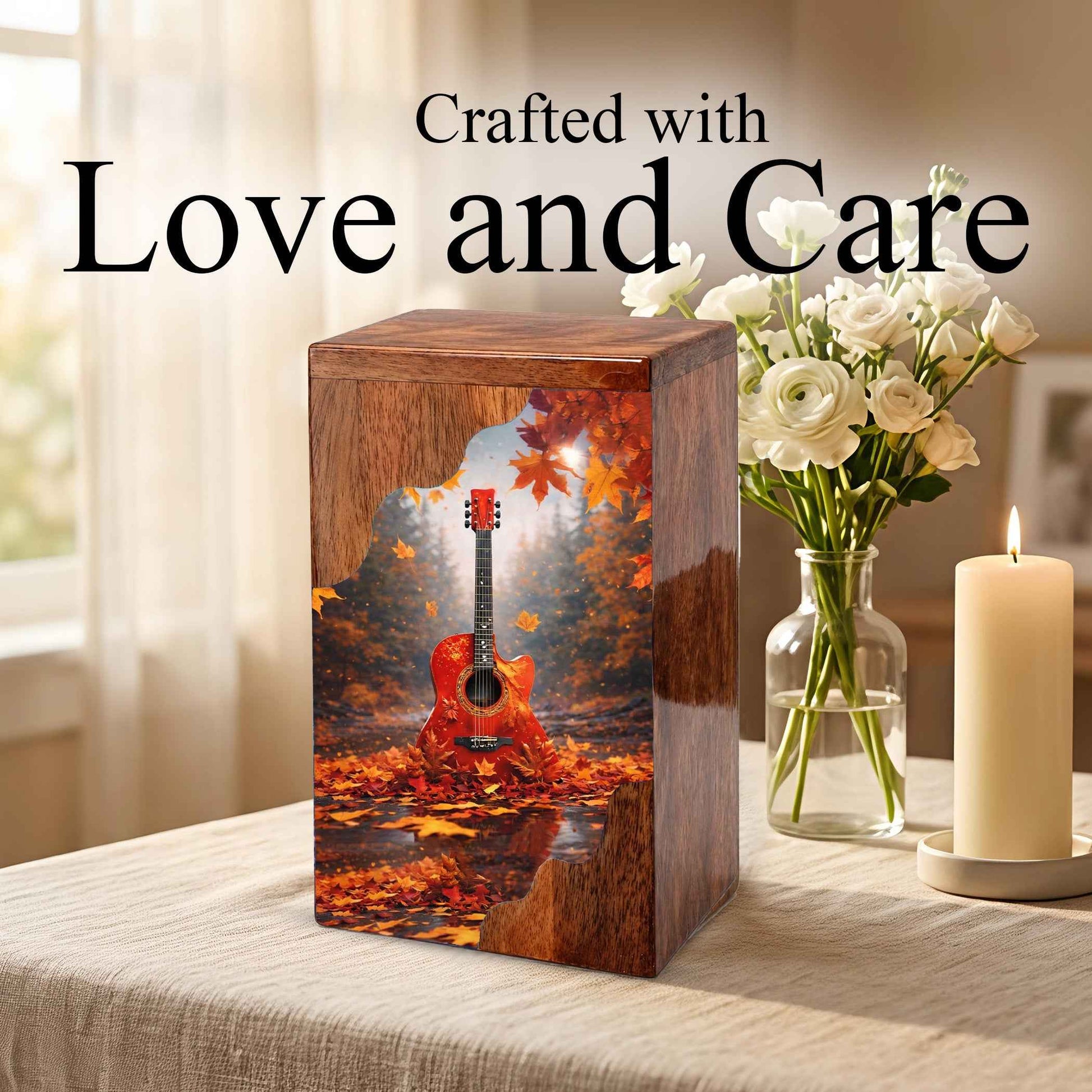 Guitar Wooden Cremation Urn – Autumn Guitar Memorial Urn | Custom Wooden Urn for Human Ashes