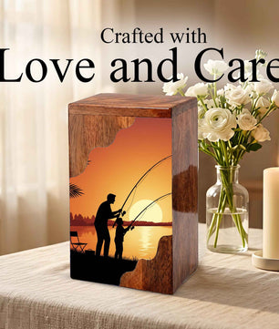 Golden Sunset Fishing Wooden Cremation Urn – Gone Fishing Memorial Wooden Urn for Human Ashes