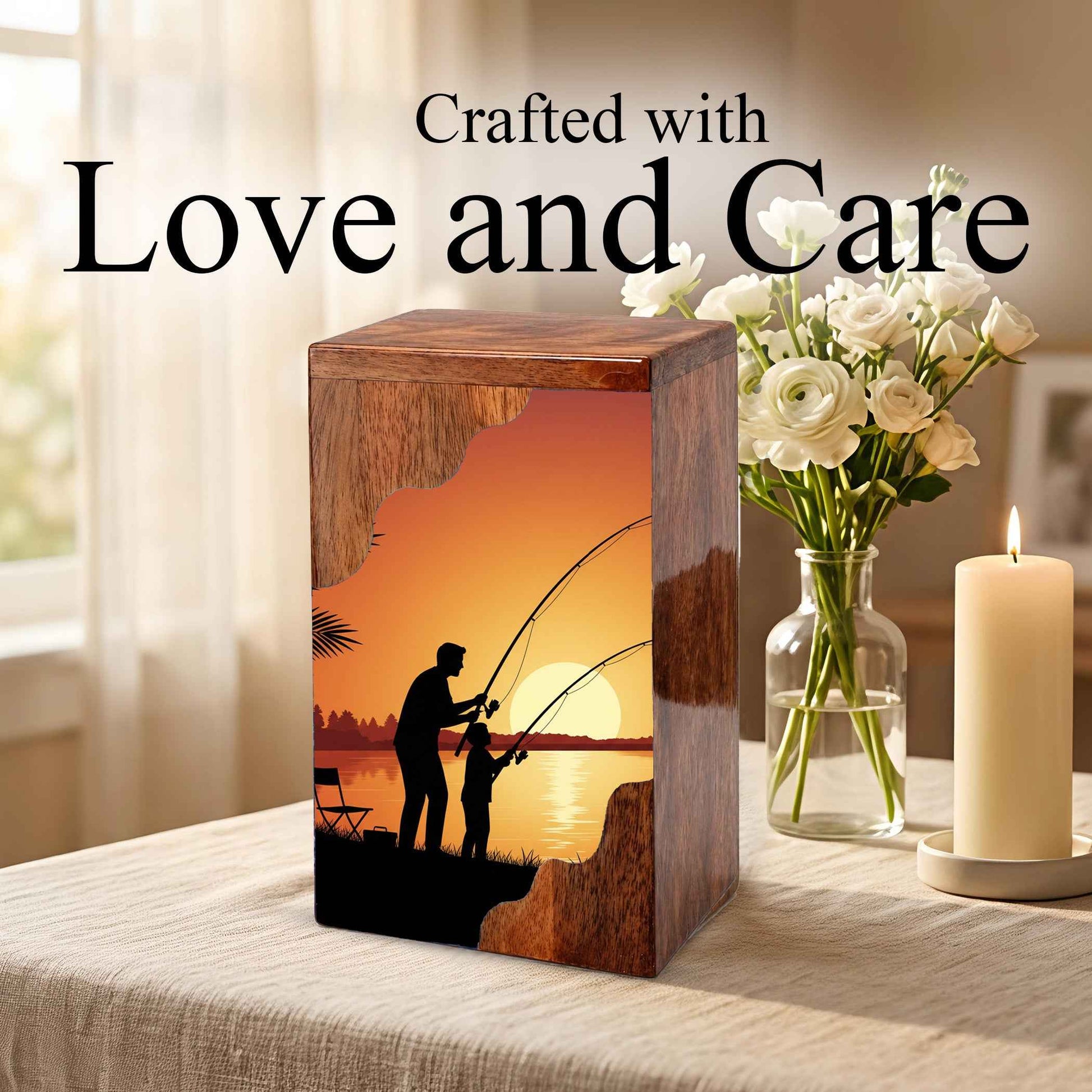 Golden Sunset Fishing Wooden Cremation Urn – Gone Fishing Memorial Wooden Urn for Human Ashes