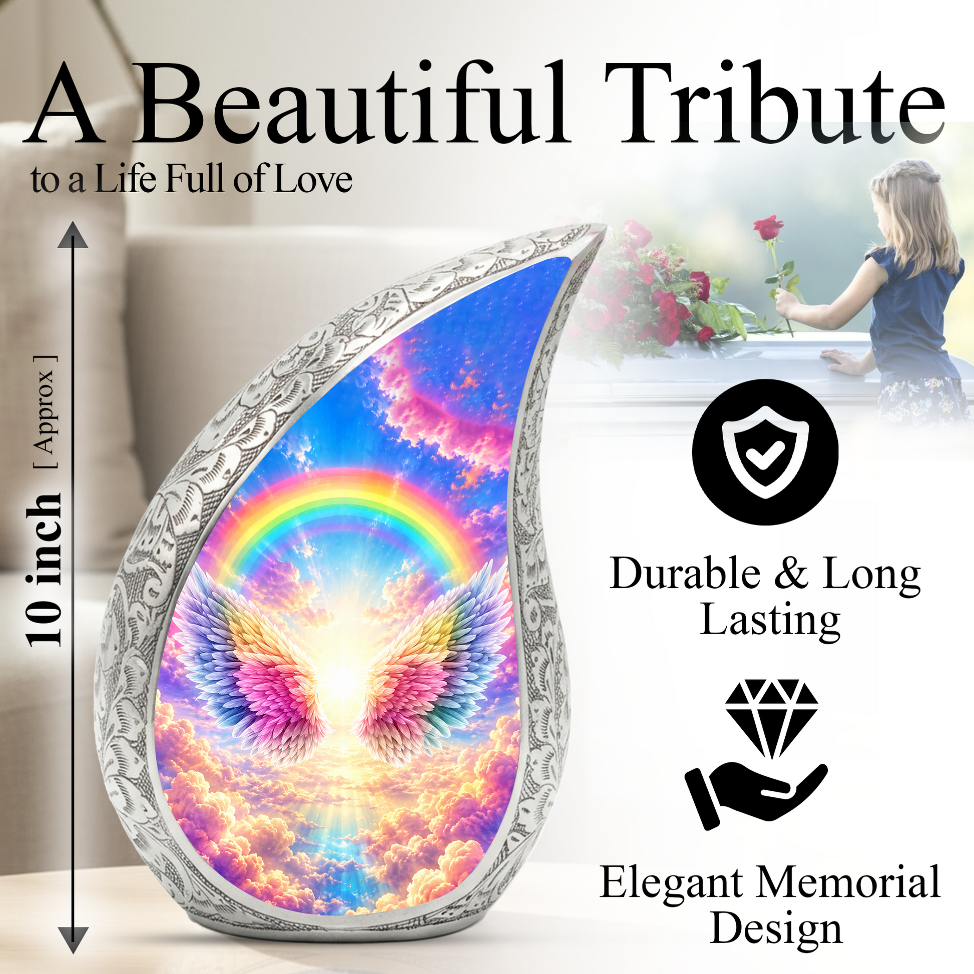 Rainbow Angel Wings Urn for Mom, Personalized Cremation Urn for Ashes