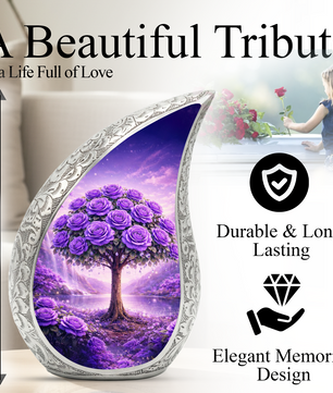 Personalized Purple Rose Cremation Urn – Custom Floral Memorial Urn for Ashes, Tree of Life Teardrop Aluminum Adult Urn, 10 Inch