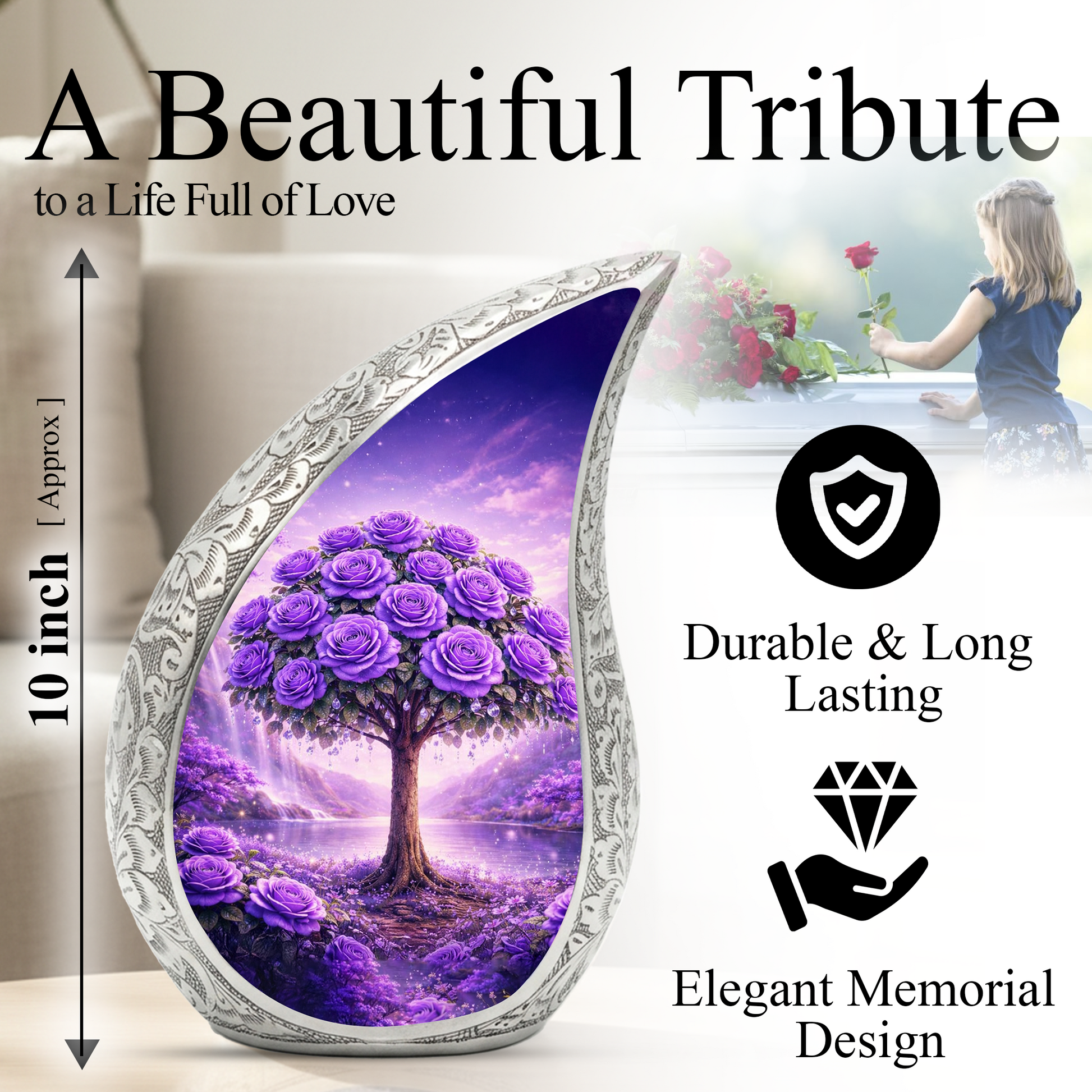 Personalized Purple Rose Cremation Urn – Custom Floral Memorial Urn for Ashes, Tree of Life Teardrop Aluminum Adult Urn, 10 Inch