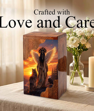 Spirit Guardian Wooden Cremation Urn – Angel Wings Memorial Urn for Human Ashes