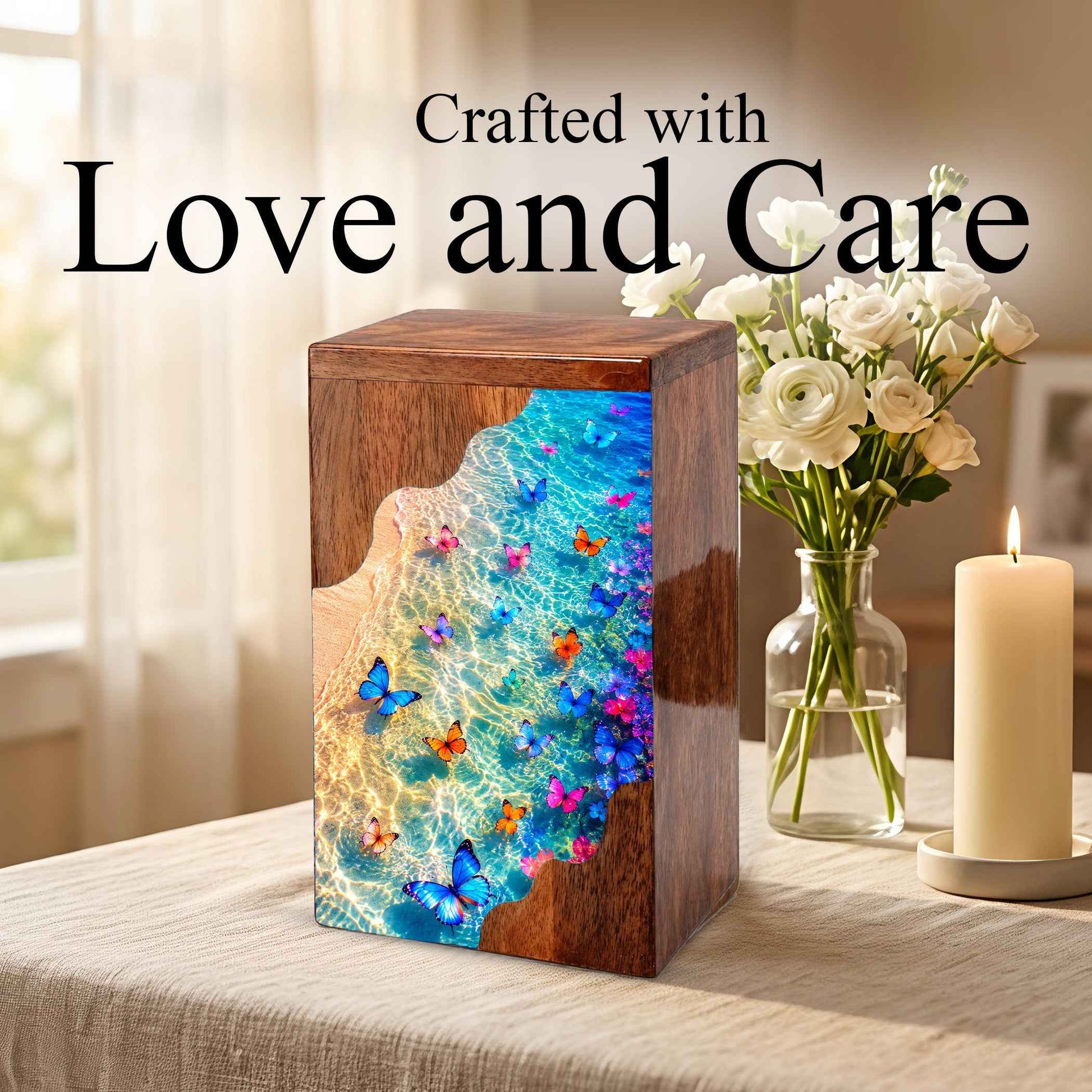 Butterfly Wooden Cremation Urn | Wooden Urn for Human Ashes | Ocean Butterfly Urn
