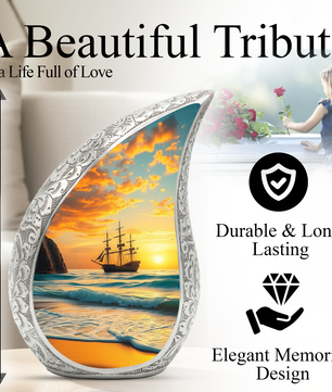 Sunset Sailing Personalized Cremation Urn – Teardrop Style Aluminum Memorial Urn, 10 Inch
