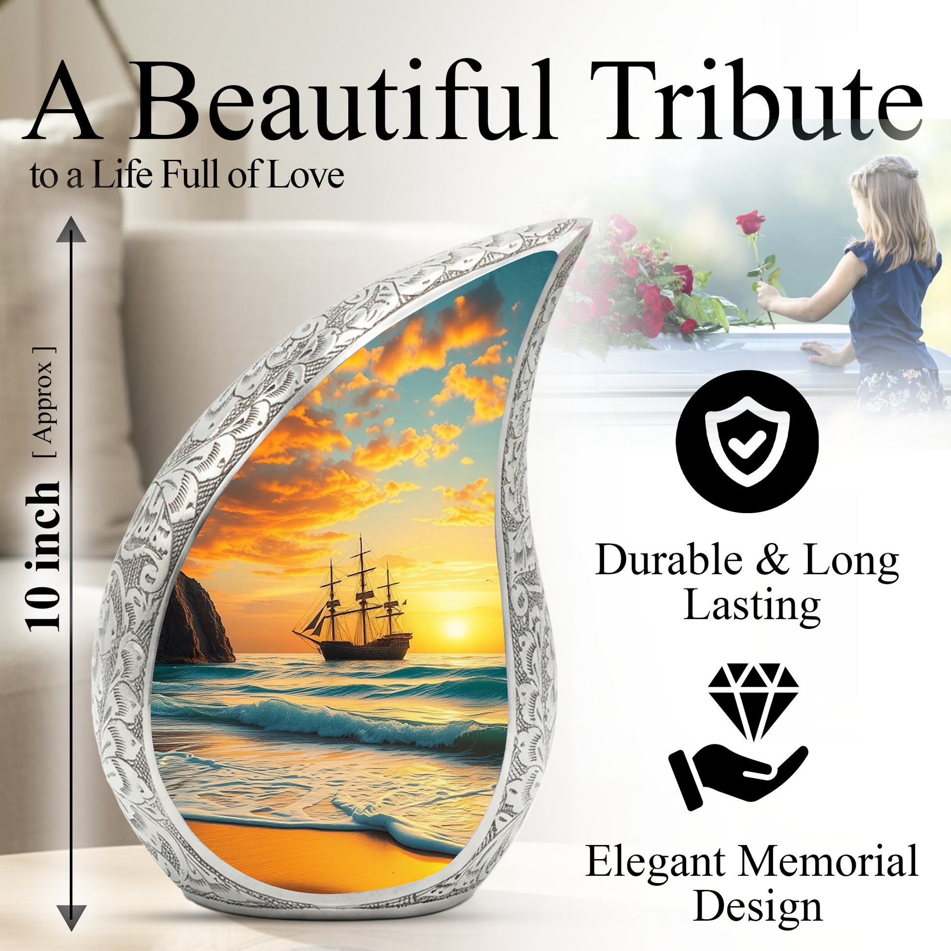 Sunset Sailing Personalized Cremation Urn – Teardrop Style Aluminum Memorial Urn, 10 Inch