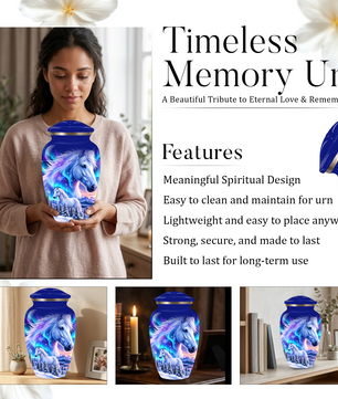 White Horse Cremation Urn for Adult Ashes, Blue Memorial Urn with Snowy Mountain and Northern Lights Artwork