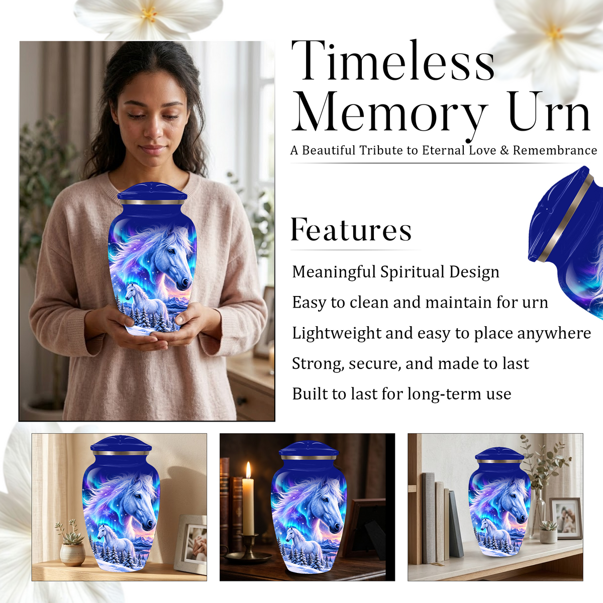 White Horse Cremation Urn for Adult Ashes, Blue Memorial Urn with Snowy Mountain and Northern Lights Artwork