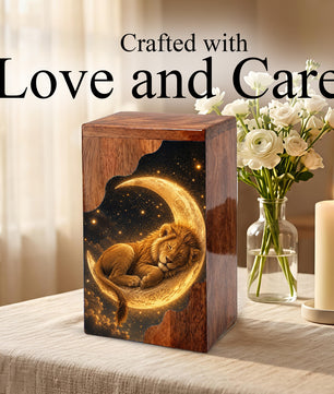 Lion Wooden Cremation Urn – Celestial Moon Memorial Urn for Human Ashes