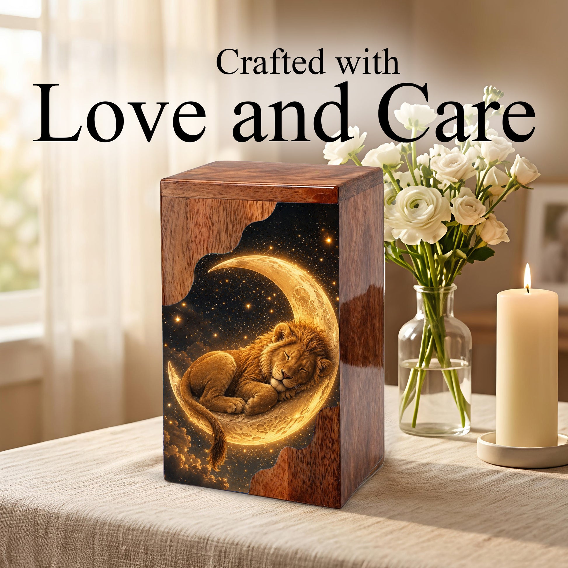 Lion Wooden Cremation Urn – Celestial Moon Memorial Urn for Human Ashes