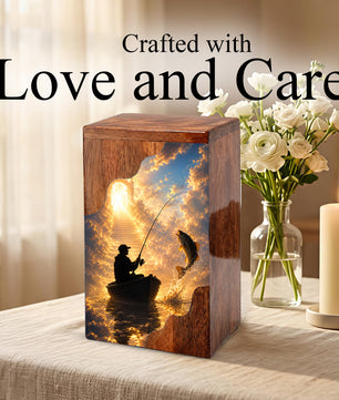 Heavenly Fishing Wooden Cremation Urn – Personalized Memorial Urn for Human Ashes