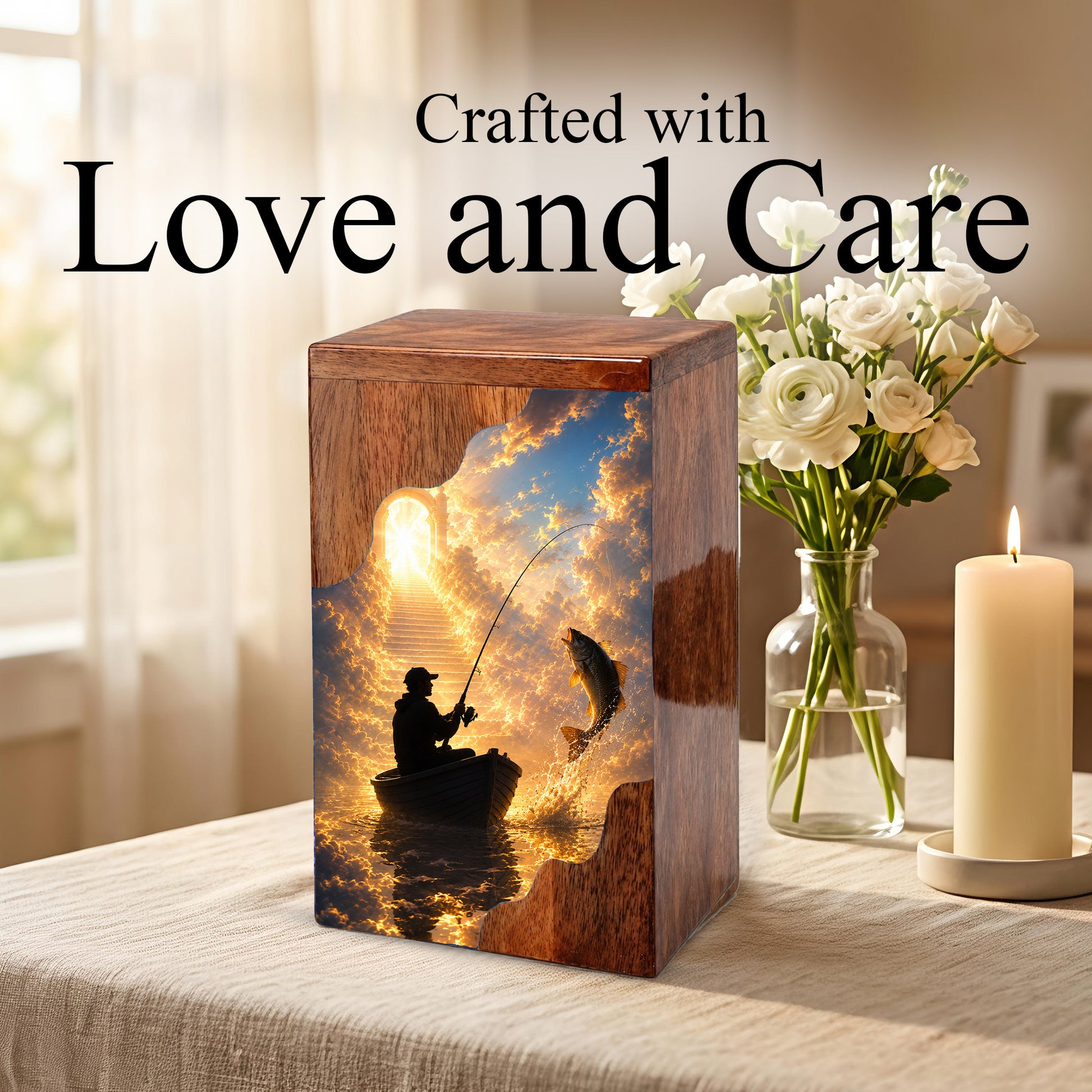 Heavenly Fishing Wooden Cremation Urn – Personalized Memorial Urn for Human Ashes