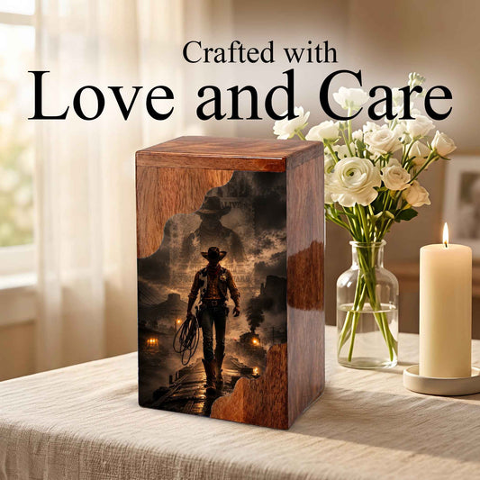 Cowboy Wooden Cremation Urn for Human Ashes | Personalized Western Memorial Urn