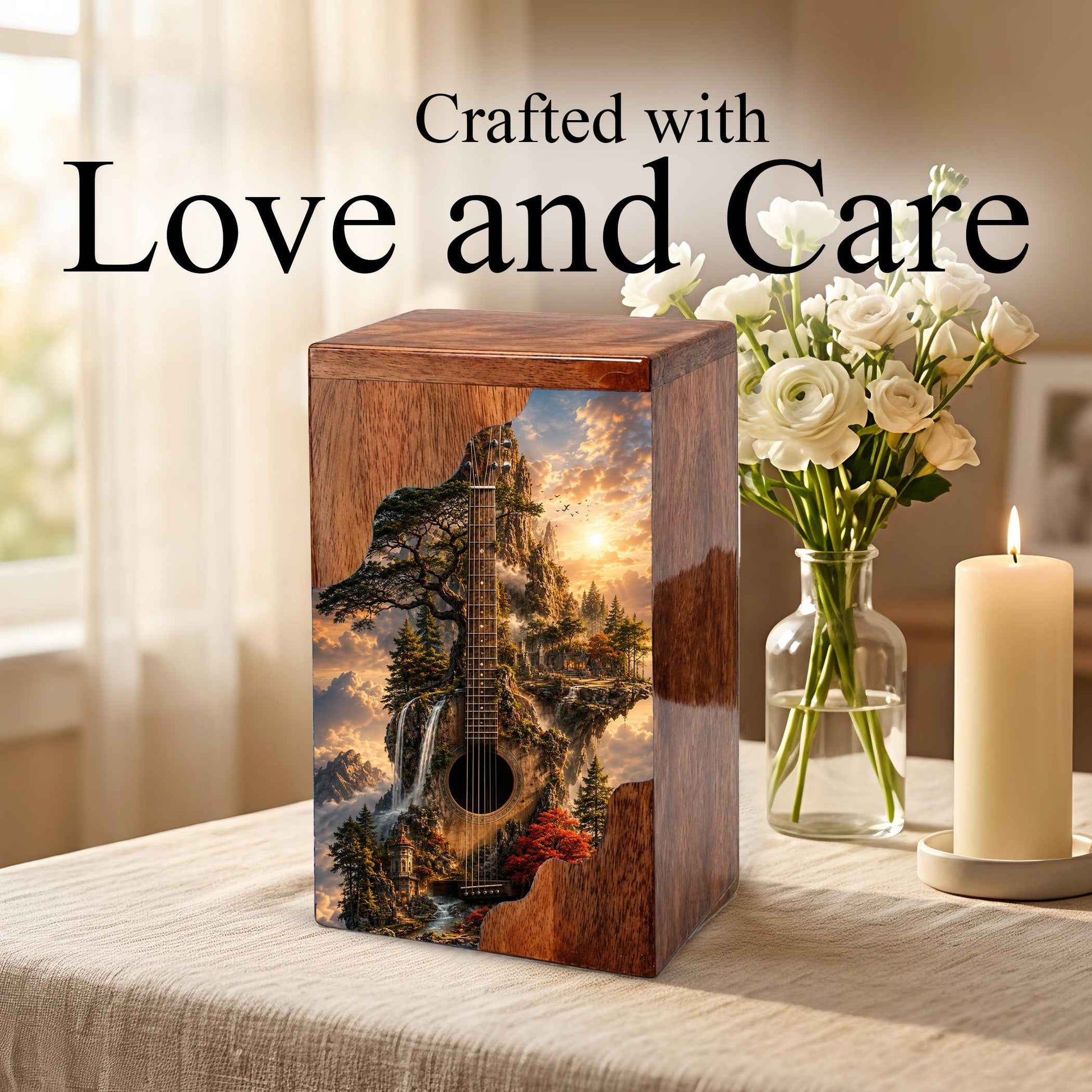 Guitar Wooden Cremation Urn – Wooden Urn for Human Ashes | Acoustic Guitar Memorial Urn