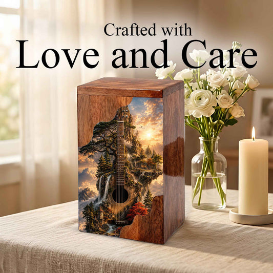 Guitar Wooden Cremation Urn – Wooden Urn for Human Ashes | Acoustic Guitar Memorial Urn