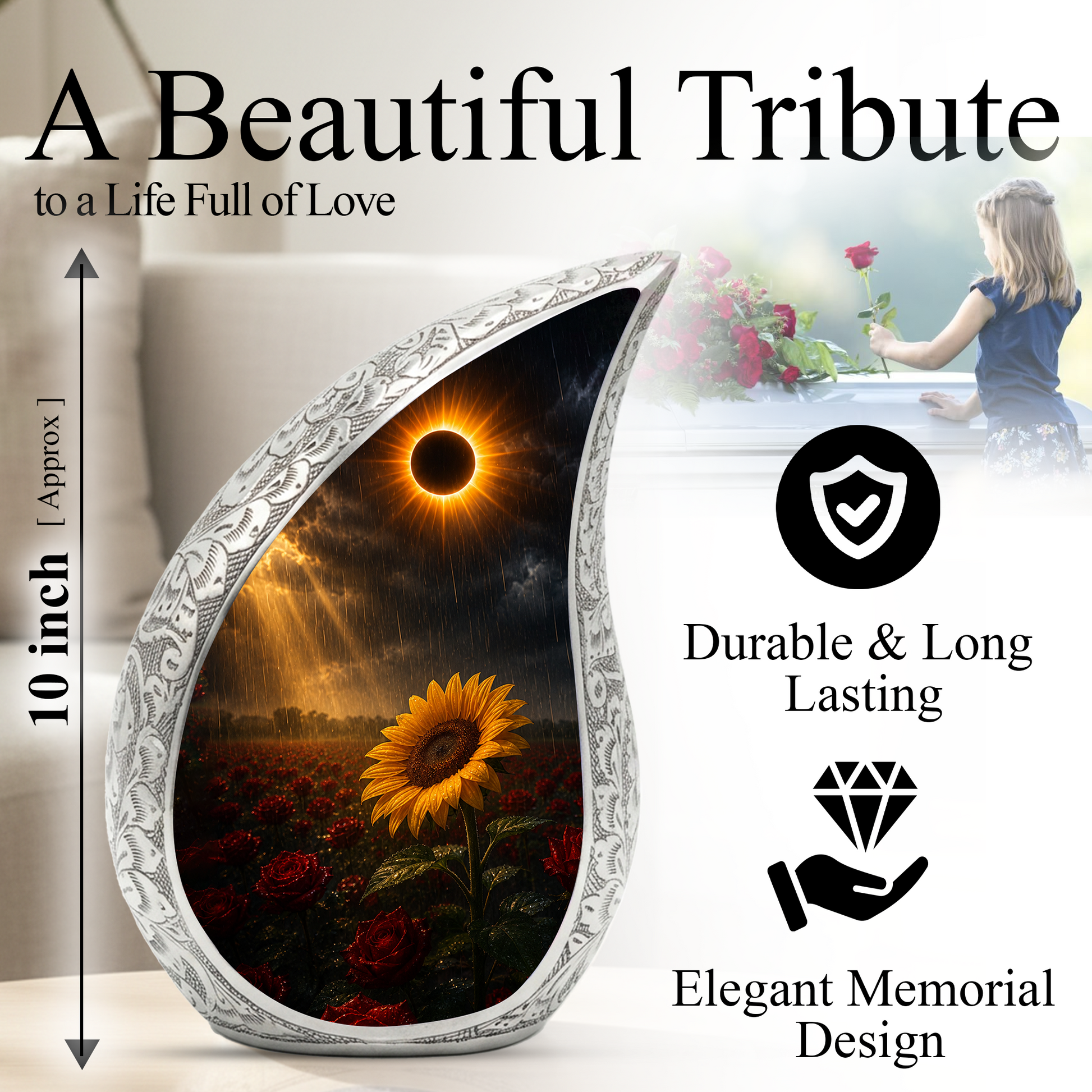 Sunflower Cremation Urn for Human Ashes | Sunflower & Rose Urn