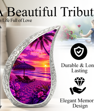 Beach Urns for Human Ashes – Purple Tropical Sunset Beach Themed Cremation Urn with Palm Trees