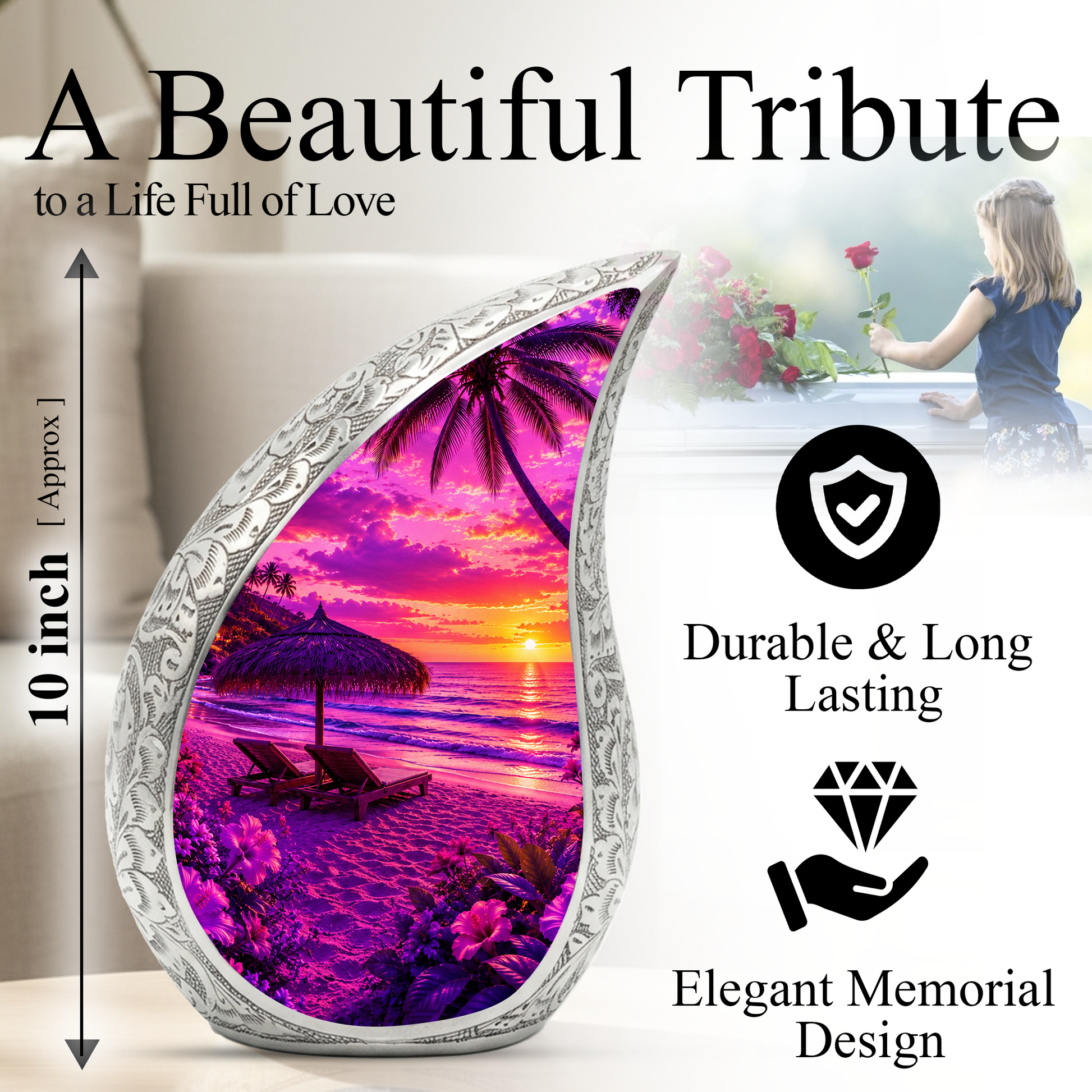 Beach Urns for Human Ashes – Purple Tropical Sunset Beach Themed Cremation Urn with Palm Trees