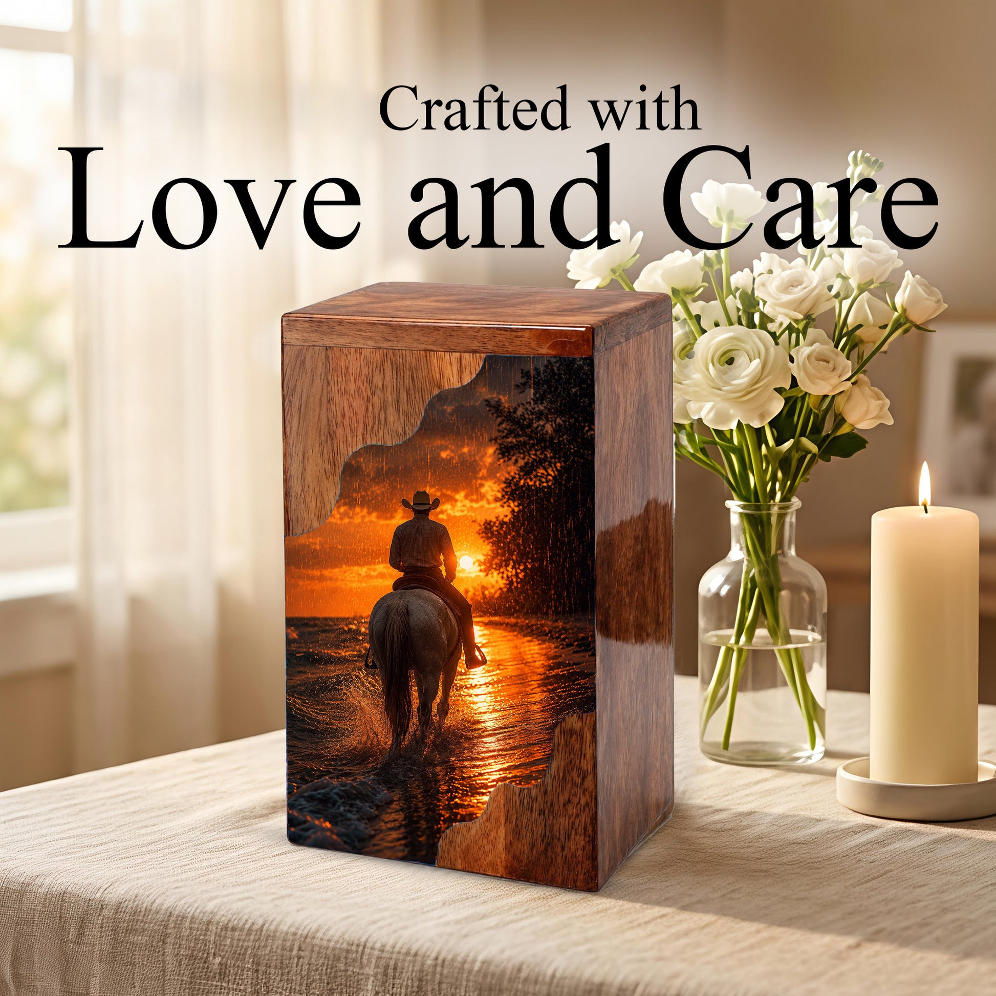 Western Cowboy Wooden Cremation Urn for Human Ashes