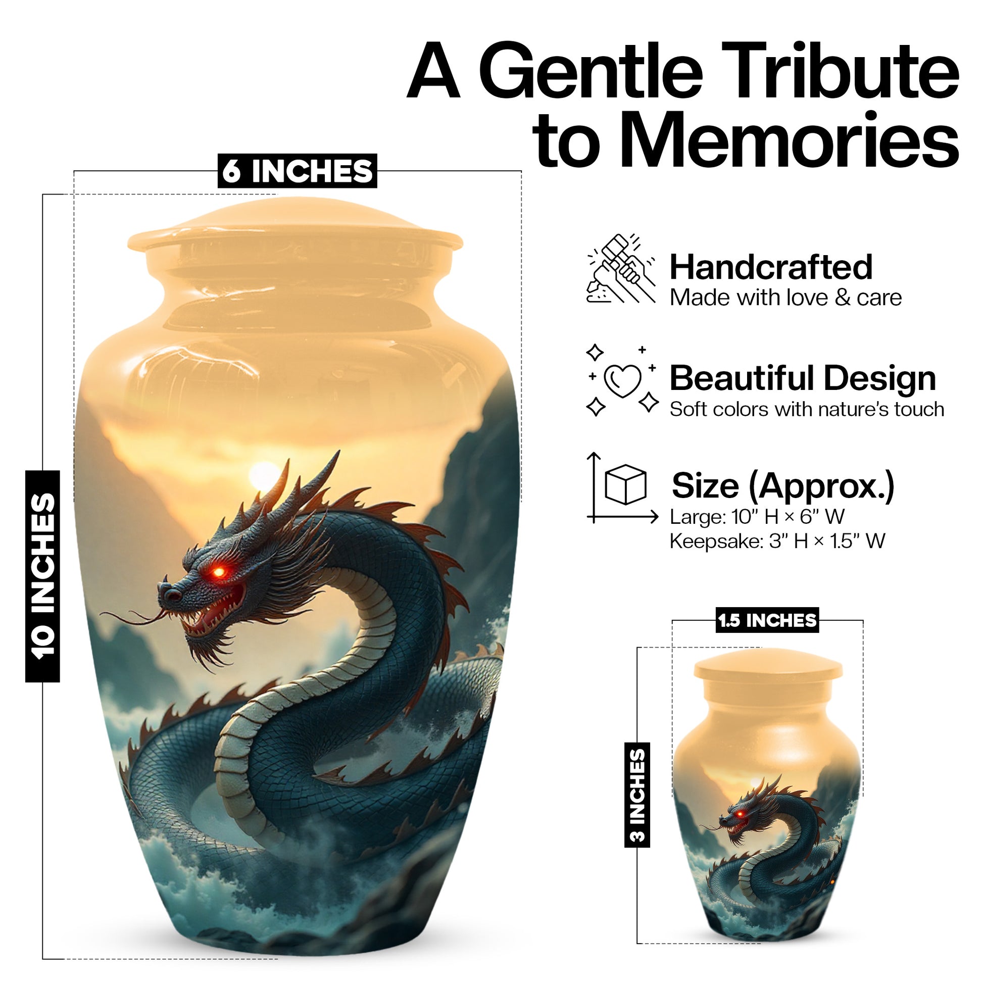 Dragon Sunset Urn for Human Ashes | Adult Cremation Urn | Sunset Dragon Memorial Funeral Urn
