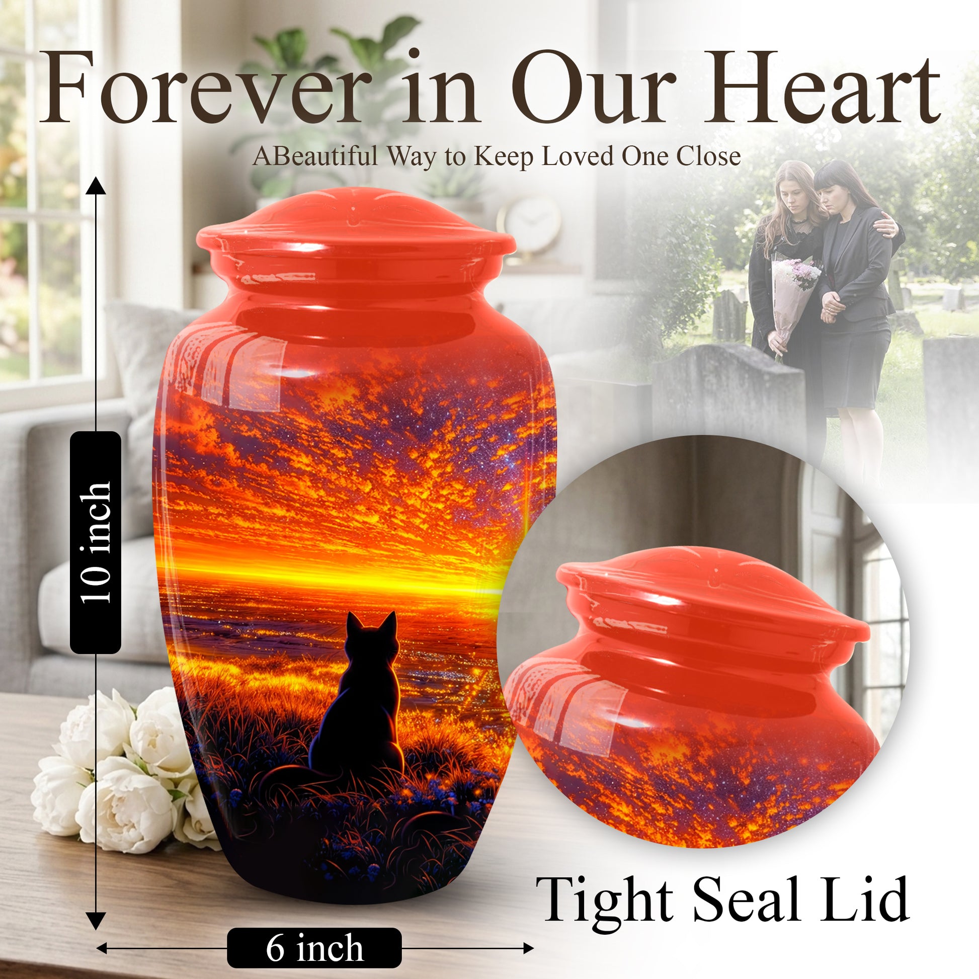 Cat Urn for Mom | Beautiful Sunset Cat Cremation  Large Urn for Mother |Funeral Keepsake