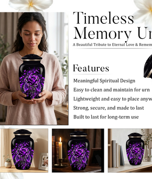 Purple Rose Adult Urn for Ashes – Gothic Floral Design Black Cremation Urn for Adults