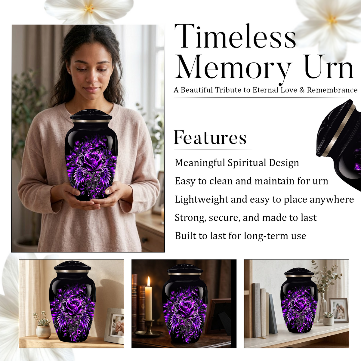 Purple Rose Adult Urn for Ashes – Gothic Floral Design Black Cremation Urn for Adults