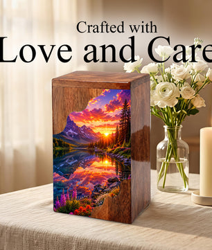 Sunset Wooden Cremation Urn – Mountain Lake Memorial Urn for Human Ashes