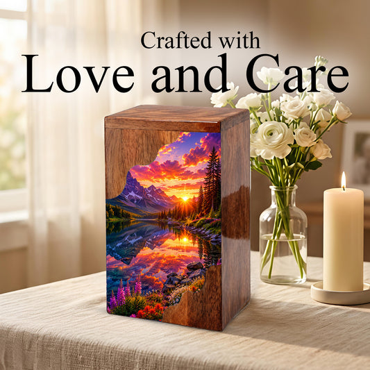 Sunset Wooden Cremation Urn – Mountain Lake Memorial Urn for Human Ashes