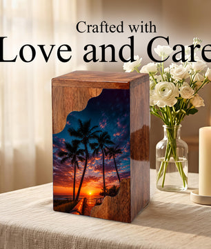 Beach Wooden Cremation Urn for Human Ashes | Tropical Sunset Memorial Urn