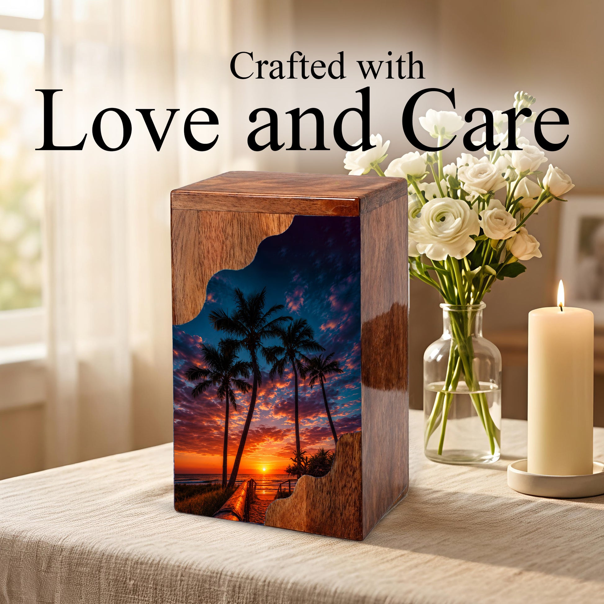Beach Wooden Cremation Urn for Human Ashes | Tropical Sunset Memorial Urn