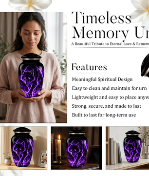 Purple Wolf Cremation Urn for Ashes | Personalized Wolf Memorial Urn | Black Wolf Adult Urn