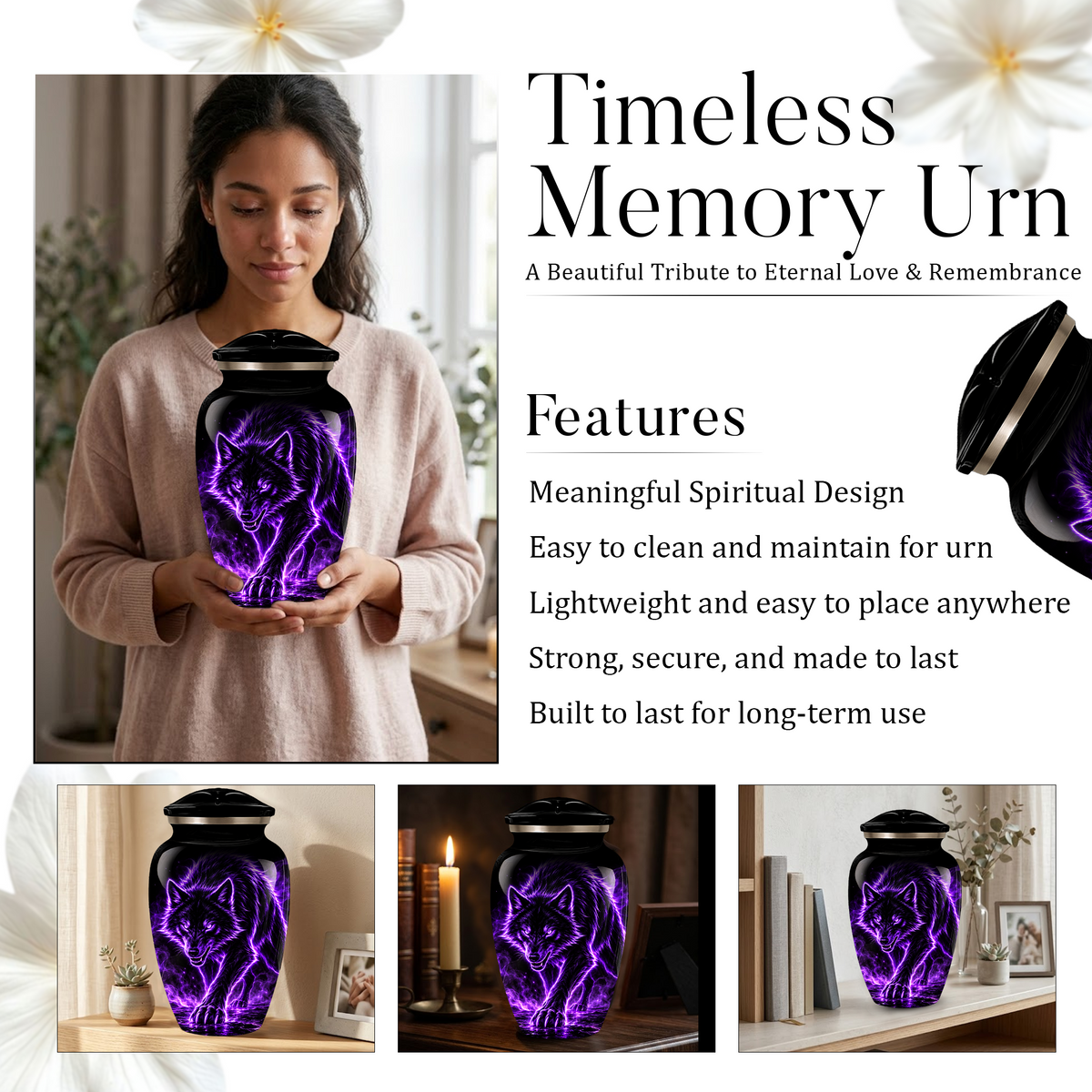 Purple Wolf Cremation Urn for Ashes | Personalized Wolf Memorial Urn | Black Wolf Adult Urn