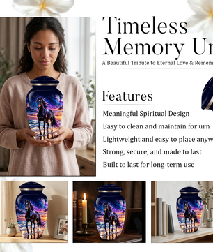 Personalized Adult Cremation Urn for Ashes, Custom Horse Memorial Urn, Black Horse with Purple Mane and Galaxy Sunset Design