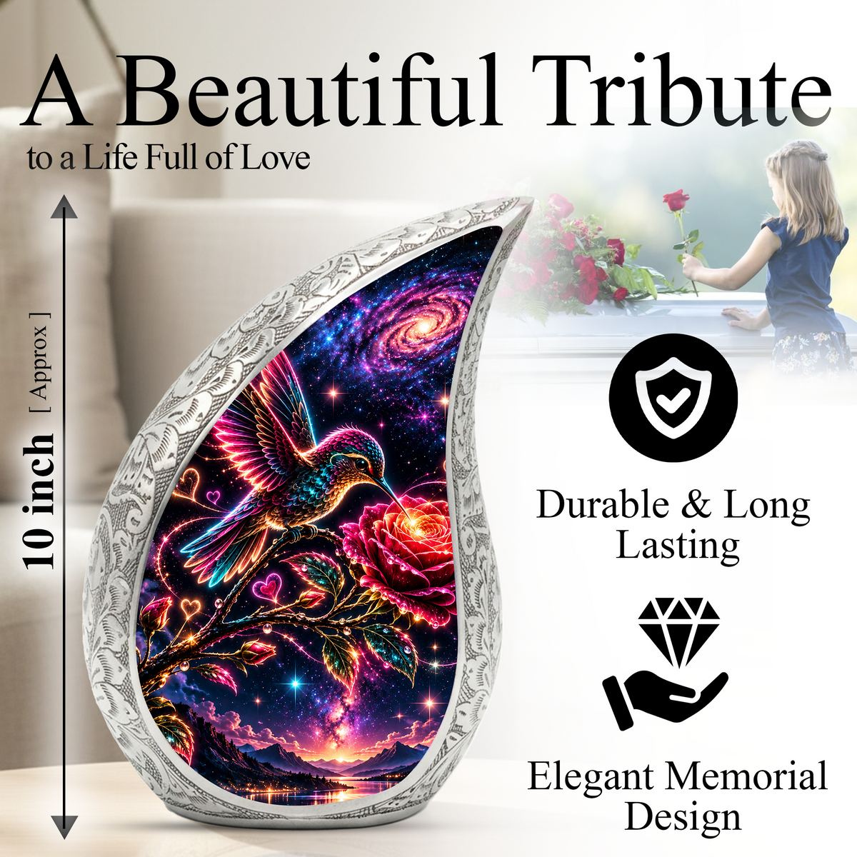 Hummingbird Adult Urn for Ashes, Hummingbird and Rose Cremation Urn for Human Ashes