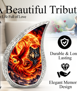 Wolf and Phoenix Urn for Human Ashes, Adult Cremation Urn with Fiery Phoenix and Black Wolf